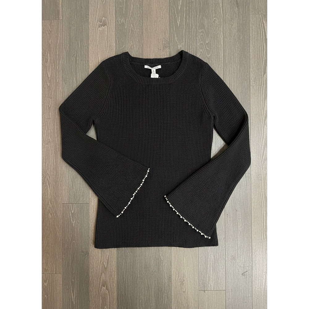 NWT Small Edited x Hunter McGrady Black Pearl Trim Bell Sleeve Ribbed Sweater